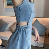 Dress Women Denim New Summer All-match College Square Collar Harajuku Clothes Backless