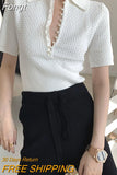 Women Elegant Summer New French Short Sleeve T-shirt Tight Pearl Button Lapel Blouse