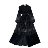 Fongt Dress Women's French Retro Fashion Collar Pearl Single Buckle Lace Splicing Velvet Swoon Long Dress