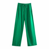 Women Simply Solid Green Color Pockets Casual Straight Pants Female Chic Elastic Waist Lace Up Summer Long Trousers