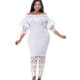 Fongt New Shoulder-To-Shoulder Bag Lace Spliced Lantern Sleeve Dress Dress Dress Dress