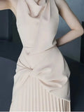 Women Pleated Temperament Dress Sleeveless Pile Collar Solid Asymmetrical 2024 Summer Lady Wedding Party Dresses TH808-Outfit