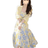 Fongt Dress Women's Summer 202 5 New Slimy Temperament Cardigan + Slings Broken Floral Dress Two Sets