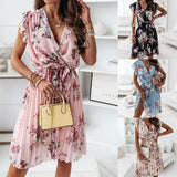 Fongt Explosion Summer Lotus Leaf Side Short-Sleeved V-Neck Digital Printed Dress Woman