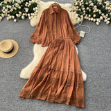 Fongt Suit Female Senior Sleeve Lace Splicing Lantern Long-Sleeved Shirt + High Waist Slim Swing Skirt