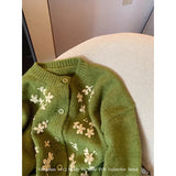 Floral Cropped Knitted Cardigan Women Embroidery Sweater Coat Korean Elegant Single Breasted Knitwear Casual Jumpers New-Outfit