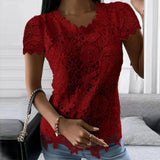 Womens Lace Round Neck Tops T-Shirts Ladies Summer Casual Short Sleeve Blouse Pullover Fashion Clothing For-Outfit