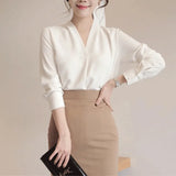 Spring V-neck Womens Tops Long Sleeve Chiffon Blouse Summer New White Female Korean Tops Wild Loose Office Lady