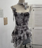 Real Shooting Retro Tie-Dye-Print Mesh Sling Sling Sling Vest Irregular Lotus Leaf Edge Ribbon Sleeveless Top