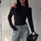 Fongt Women's Wear 2024 Autumn And Winter New Sexy Diagonal Collar Solid Color Slim And Versatile Knit Long Sleeve Bottom