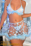Two Pieces Feather Mini Skirts For Women Butterfly Perspective Mesh Feather Edge Sexy Suit Nightclub Party