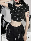 Dark Cross Print Emo Alternative Black T-shirts Mall Gothic Bodycon Grunge Crop Tops Women Short Sleeve Summer