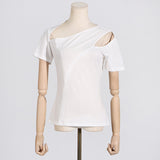 Fongt Spring Niche New Fashion Temperament Oblique Collar Head Hollow Design Sense Pure Color Short Women's T-Shirt-Outfit