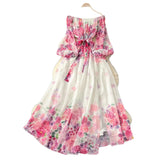 Fongt Spring Holiday Style Dress Woman 2025 New Shoulder Strapped Belt Waist Lantern Sleeve Print Chiffon Long Skirt