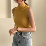 High Collar Sexy Tank Tops Women Sleeveless Knitted Vest Female Elasticity Solid Slim Pullover 2024 Summer Solid Bottoming-Outfit