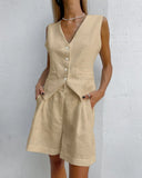 Fongt Design Cotton Suit Vest Suit Women's Summer Leisure Sleeveless Vest Shorts Two-Set