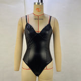 Fongt Autumn / Winter New Sexy Sling Waist Show Thin PU Splicing Women's Jumpsuit Small Vest Female-Outfit
