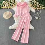 Fongt Wind Pink Tie With Thin Hooded Knitted Long-Sleeved Sweater High-Rise Broad Leggings Embroidery Set