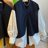 Autumn Fake Two Pieces Spliced Shirt Pockets Female Clothing Casual Loose Single-breasted Korean Basic Solid Color Blouse-Outfit