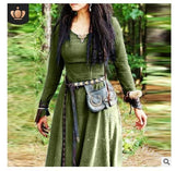 Fongt Autumn And Winter Women Solid Color Waist Long Sleeve Dress Retro National Style Collar