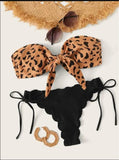 Bikini 2022 Woman Sexy Front Lace Up Tie Strapless Leopard Swimsuit Female Push Up Ruffled Bow Bathing Suit Thong