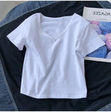 Fongt Women With Ins Tight Short Sleeve V-Neck Solid Color Short T-Shirt In Summer