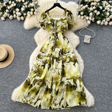 Fongt Famous Breeze Mashed Flowers Bubble Sleeves With Dress Women Summer Waist Repair Royal Sister Temperament Beautiful Long Dress