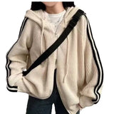 Fongt Version Of Chic Autumn And Winter New Simple Temperament Drawstring Hood Design Niche Striped Loose Long-Sleeved Sweater Jacket