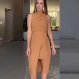 Fongt Summer Women's Solid Color Fashion Round Collar Pleated Slit Show Thin Dress-Outfit