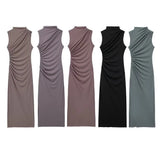 New Pleated Trim Sleeveless Flute Dress 3152200-Outfit