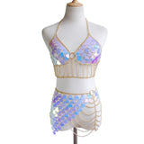 Fish Scale Sequins Two Piece Set Sexy Hollow Out Crop Top Link Chain Tassels Mini Skirts Outfits Summer Beach Matching