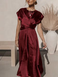 Women's Dress Elegant Satin Silk Green Office Ladies Lace-up Midi Dress Chic Evening Party Dresses for Women 2023 New-Outfit