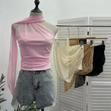 Fongt Shooting Mesh Ribbon Hanging Neck Folded Sleeveless Top Babes Two-Wearing Design Wrapping Bras 1125