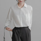 Women Vintage Solid White Shirt With Pockets Long Sleeve Korean Style Casual Chiffon Blouse Spring Office Lady Basic