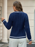 Fongt Women's Temperament V-Neck Long-Sleeved Sweater Fashion Jersey Thread White-Bordered Cuffs Knitted Top