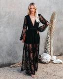 Fongt New Women's Lace Long-Sleeved V-Neck Solid Chiffon Summer Dress