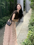 Pink Sweet Midi Skirt Women Korean Style Fluffy Elegant Cake Skirt Female High Waist Ruffle Casual Holiday Skirt