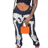 Jeans Black Skeleton Printed Pattern Streetwear Y2K Style Long Trousers Ladies Mid Waist Slimming Pants Autumn
