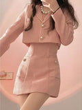Pink Elegant Two Piece Set Women Korean Style Balzer Coat+Strap Mini Dress Set Female Solid Casual Slim Designer Set
