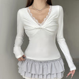 Lace Trim V-Neck Stitched Long Sleeve Tee-Outfit
