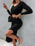 Fongt And Winter 2025 New Women's Pure Color Knitted Round Collar Collar Collar Long Sleeve Open Fork Dress Two Sets Of Women
