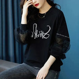 Lace Patchwork Pullovers Female Clothing Casual Round Neck Loose Spring Autumn Printed Korean Long Sleeve Sweatshirts-Outfit