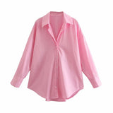 New Women Simply Single Breasted Poplin Pink Shirt Office Lady Long Sleeve Business Blouse Roupas Chic Blusas Tops