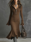 Fongt Fashion Elegant Temperament Zippered Horn Sleeve Knitted Fishtail Skirt