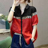 Summer Short Sleeve Polo-Neck Single Breasted Contrast Colors Splicing Blouses 2023 Loose All-match Korean Top