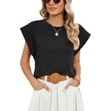 2024 New Round Collar Solid Color Shoulder-Inserted Sleeve Casual T-Shirt-Outfit