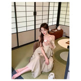 Fongt Chinese Style New Chinese Style Sling V Collar Dress Female Waist Show Thin Design Feeling Long Skirt-Outfit