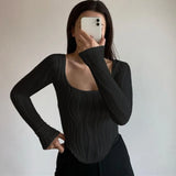 Fongt Women's Clothing 2025 Autumn Explosion U Collar Top Water Corrugated Body-Closing Sexy Long-Sleeved T-Shirt Girl
