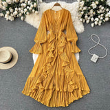 Fongt Sexy Solid Color V-Neck Pleated Flounce Flared Sleeve To The Dress-Outfit