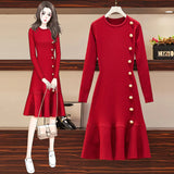 Winter Vintage Elegant Knit Black Red Party Dress Women Long Sleeve Buttons Sweater Warm Mermaid